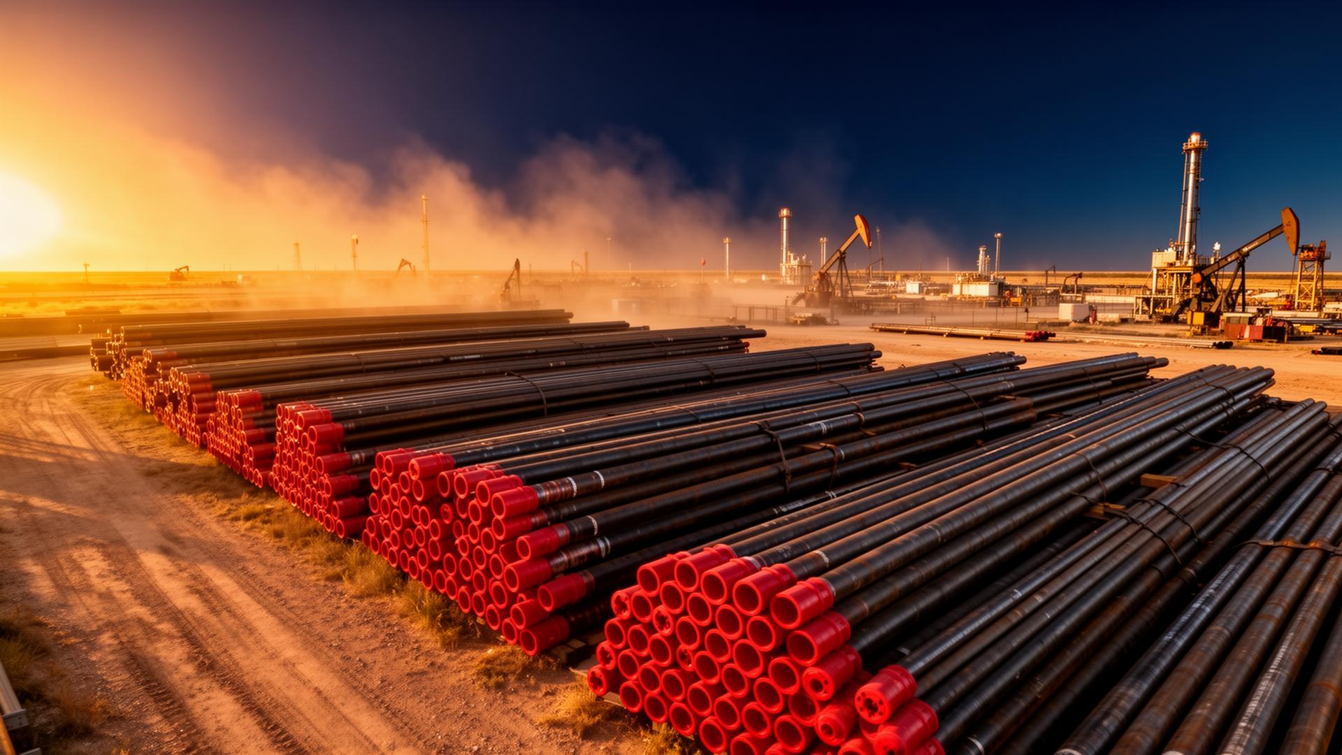 Bullet Pipe Rentals pipe yard at sunset